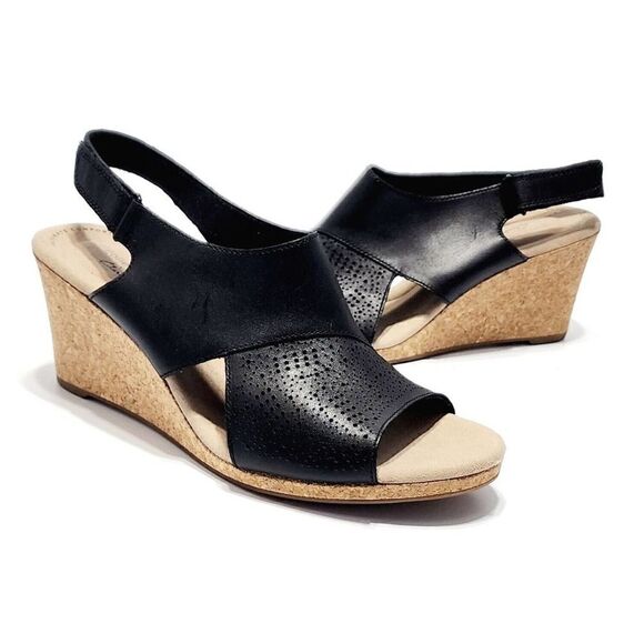 Clarks Lafley Joy New Women's Black Leather Wedge Comfort Sandal Size 10 Wide - Picture 2 of 10
